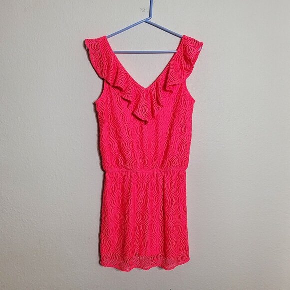 Lilly Pulitzer Pants - Lilly Pulitzer Alessa Romper Size Medium Crab Claw Coral Flowing Leaf Lace Pink